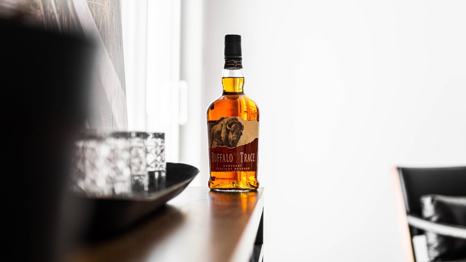 Buffalo Trace Kentucky Straight Bourbon bottle on a wooden table